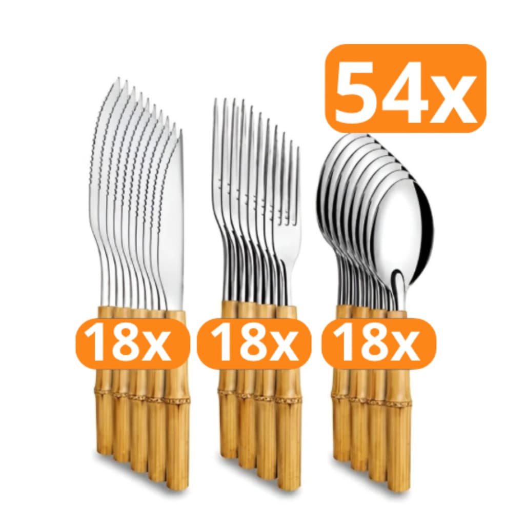 Conjunto 54 Peças Jogo de Talheres Facas Garfos Colher  Aço Inox de Cabo Plástico Bambu Premium