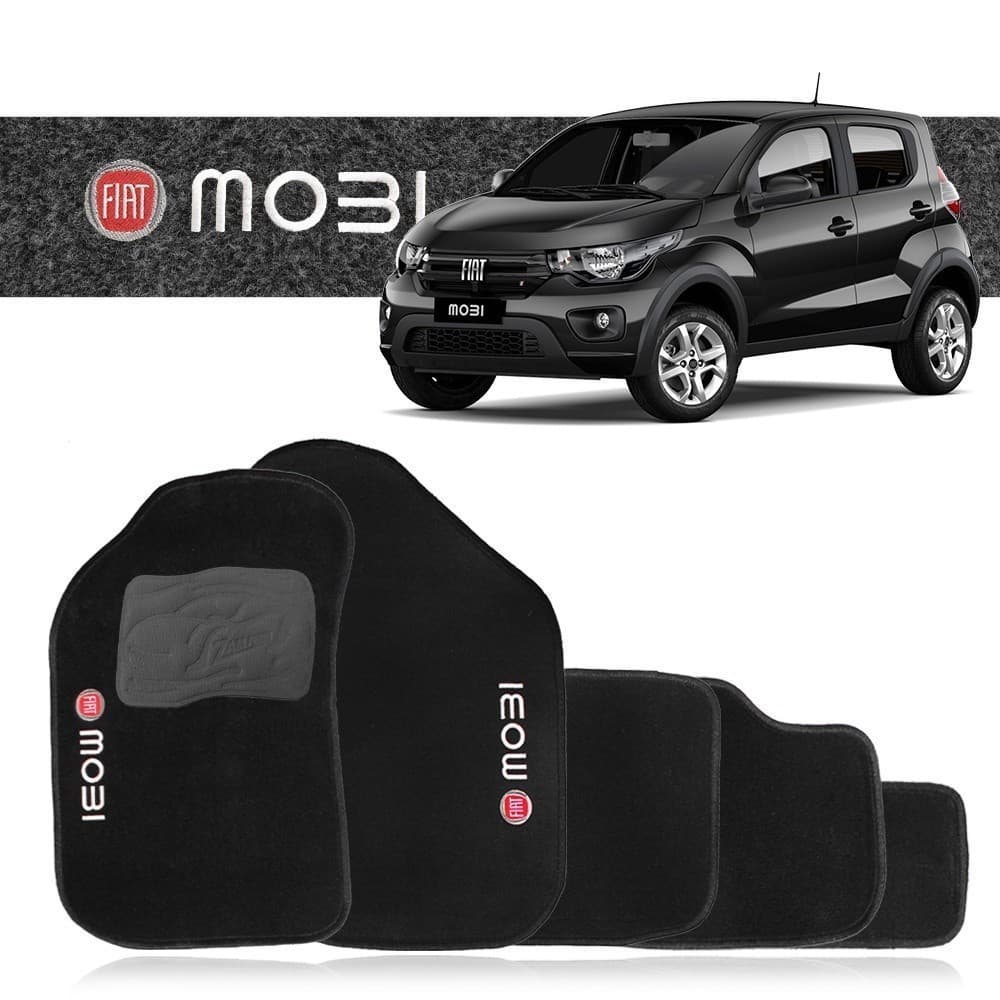 Tapete Fiat Mobi Carpete Preto  Logo Bordado  2017 - 2023 5 Peças Conforto para Seu Veículo