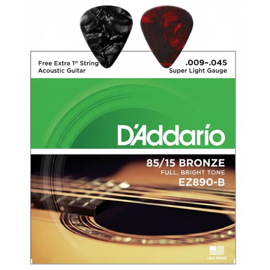 Kit Encordoamento para Violão Aço D'addario 009 Ez890-b 85/15 Bronze + 2 Palhetas Celuloide