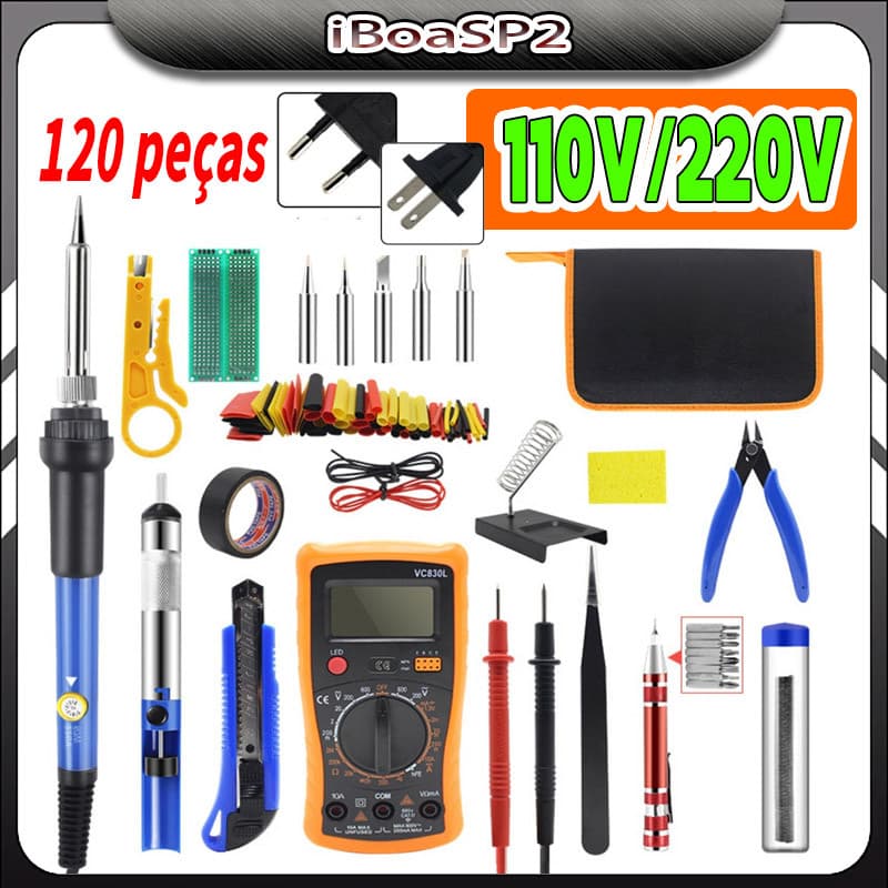 Kit 120Pcs Ferro De Solda 60w Ajuste Multimetro Pasta Sugador Temp