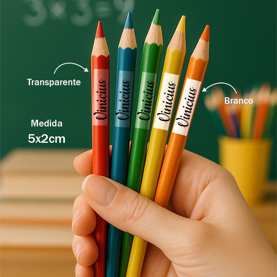 150 Etiquetas Escolares Personalizadas para Lápis e Cadernos - Branco ou Transparente
