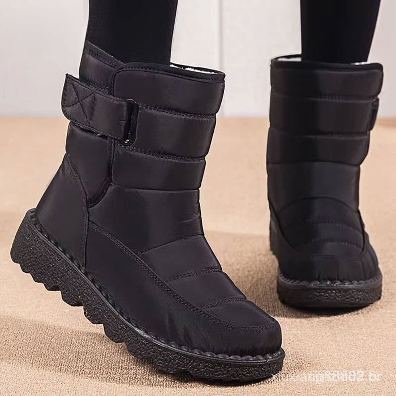 Botas de Inverno Femininas de Cano Alto Impermeáveis de Couro Casuais Leves e Quentes MTYK GDZM