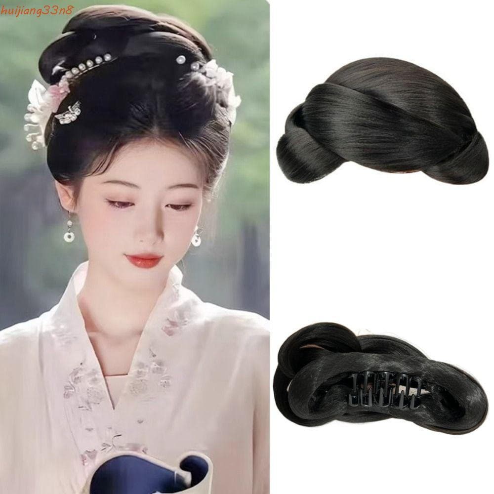HUIJIANG Coque De Cabelo Estilo Chinês , Cocar Sintético Feminino Hanfu Chignon , Peruca De Cabeça De Flor Fofa