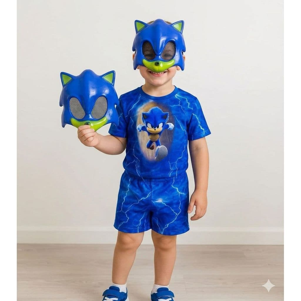 Fantasia Azul Sonic com Máscara Plástico Infantil Festa Aniversário Carnaval Halloween