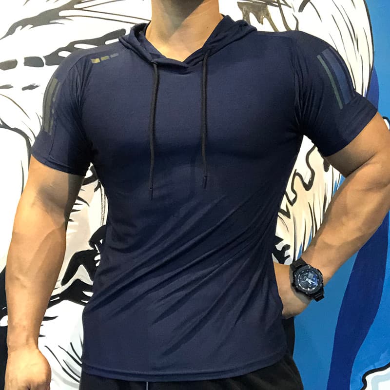 Músculo roupas de Fitness masculino Hoodie de manga curta esportes camiseta estiramento de secagem rápida respirável cor