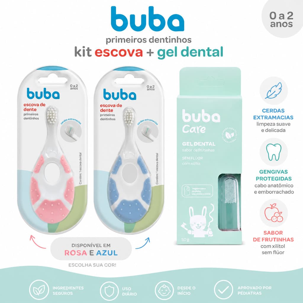 Kit Escova Primeiros Dentinhos Buba + Gel Dental Sem Flúor Buba Care