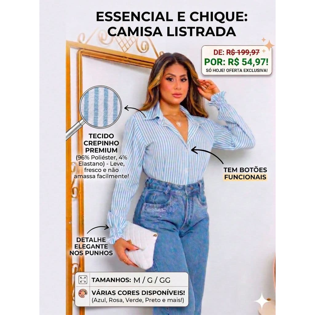 Camisa Feminina Listrada Crepinho Katarina Collections com Punho Babado e Elastano M/G/GG R 49,00