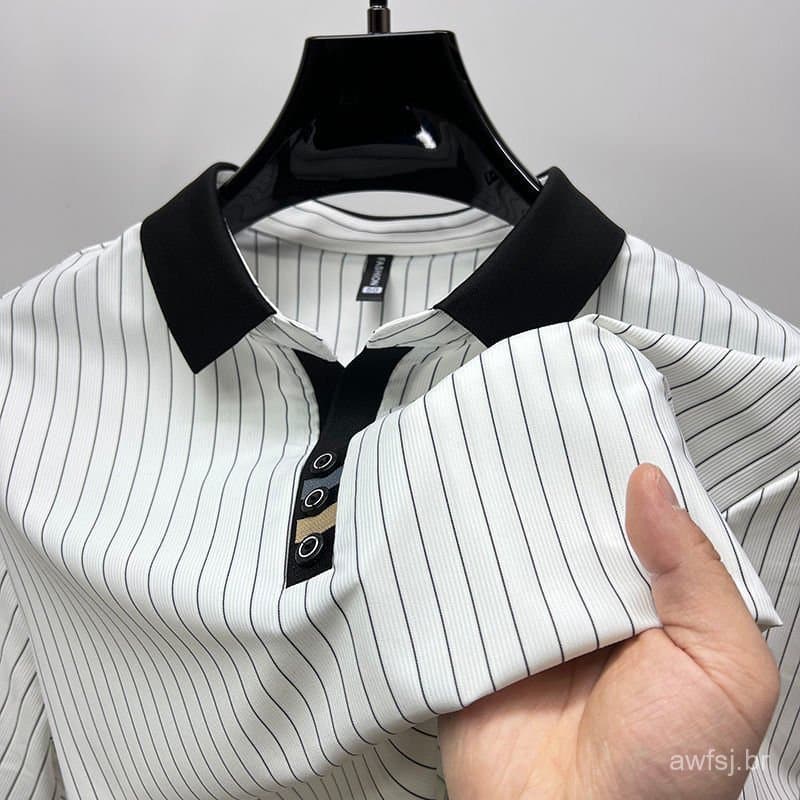 Vertical Listrado Gelo Seda De Manga Curta Camiseta Masculina Lapela Verão Fino Juventude Camisa polo Meia Roupas Da Mod
