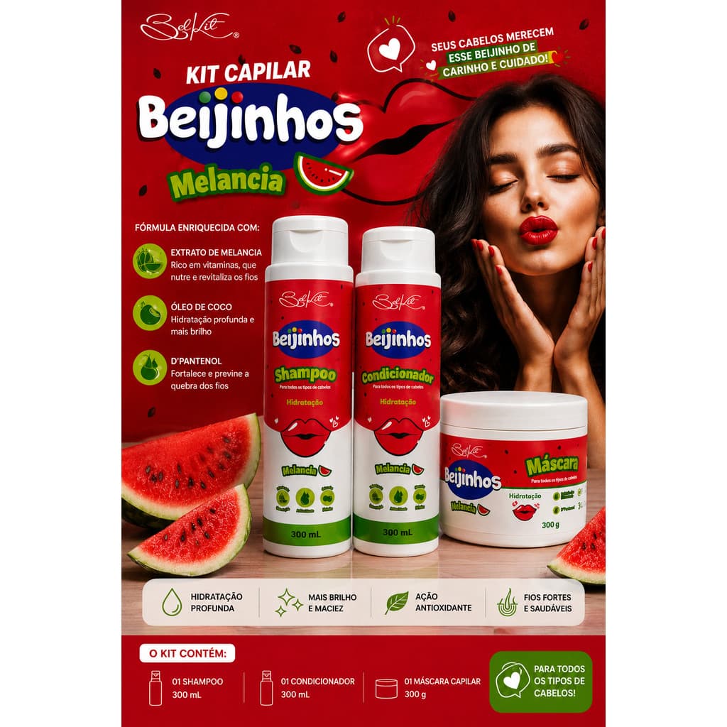 Kit Capilar Reconstrução Maciez e Brilho Shampoo Condicionador e Mascara Melancia