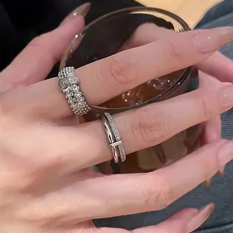 Francês Retro luz luxo requintado zircão anel feminino nicho único simples duplo índice dedo