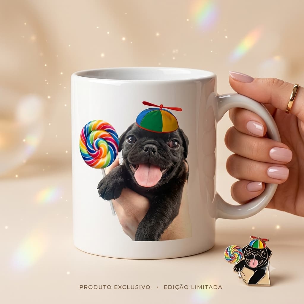 Caneca Meme Cachorrinho Bobinho com Pirulito e Chapeu de Criança Pug Pirulito presente vhs