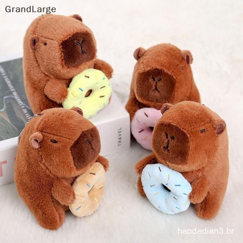 [GrandLarge] 12cm Bonito Pelúcia Capivara Segurando Donut Chaveiro Brinquedo Dos Desenhos Animados Fofo Animal Boneca Pi