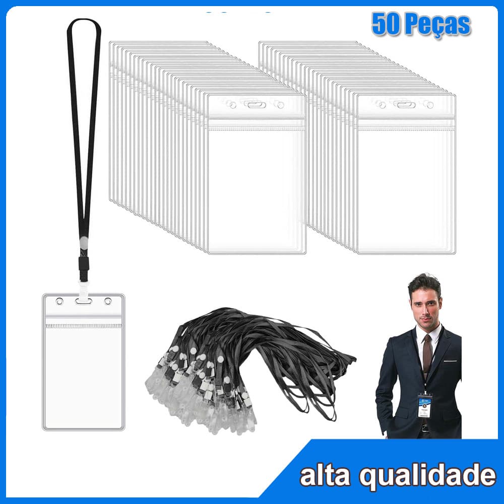 50 porta-crachás Vertical porta-cartões de identificação com preto cordão de protetora de crachás impermeável resselável