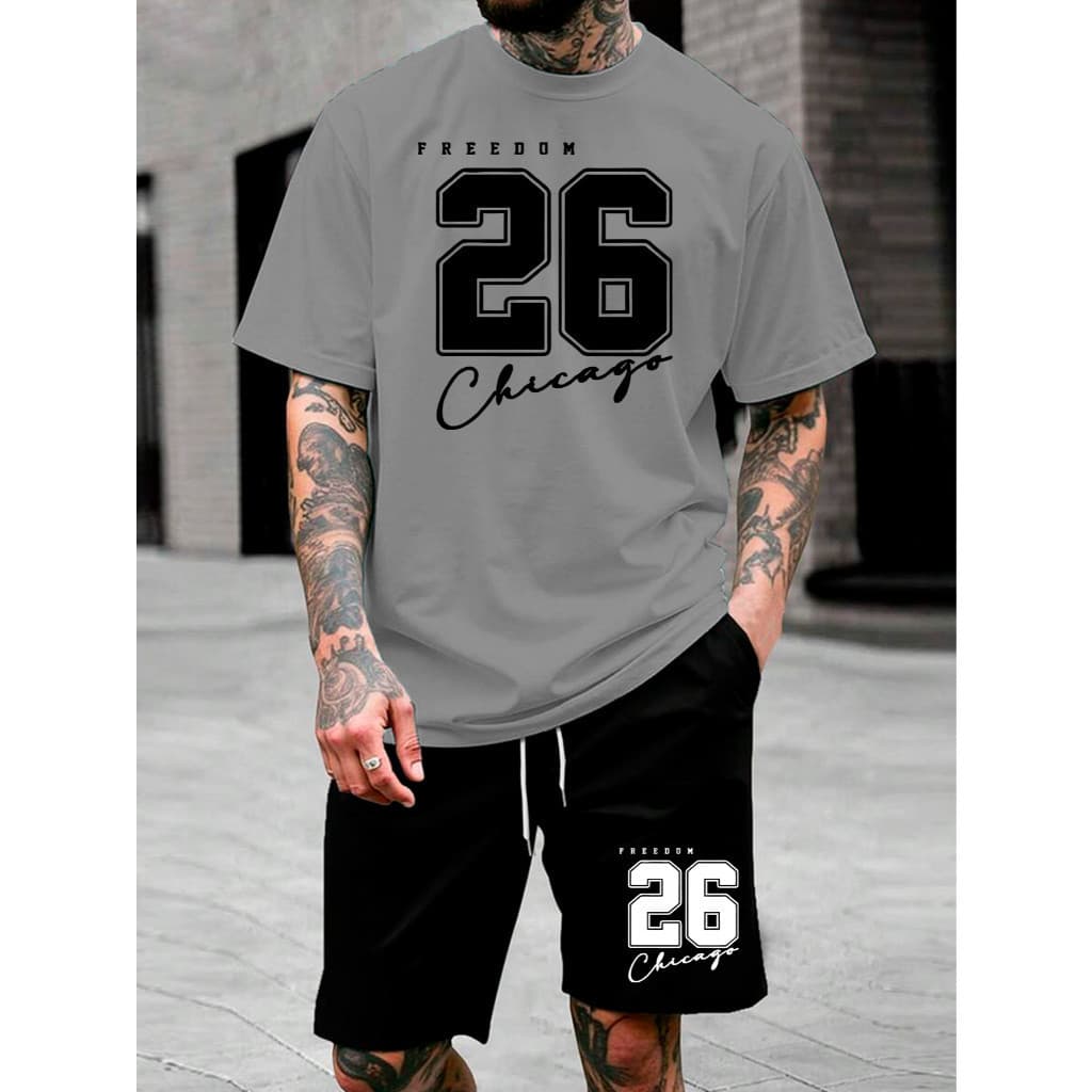 Kit Conjunto Camiseta Masculina Short Tactel Chicago 26 Bermuda Leve Alta Qualidade