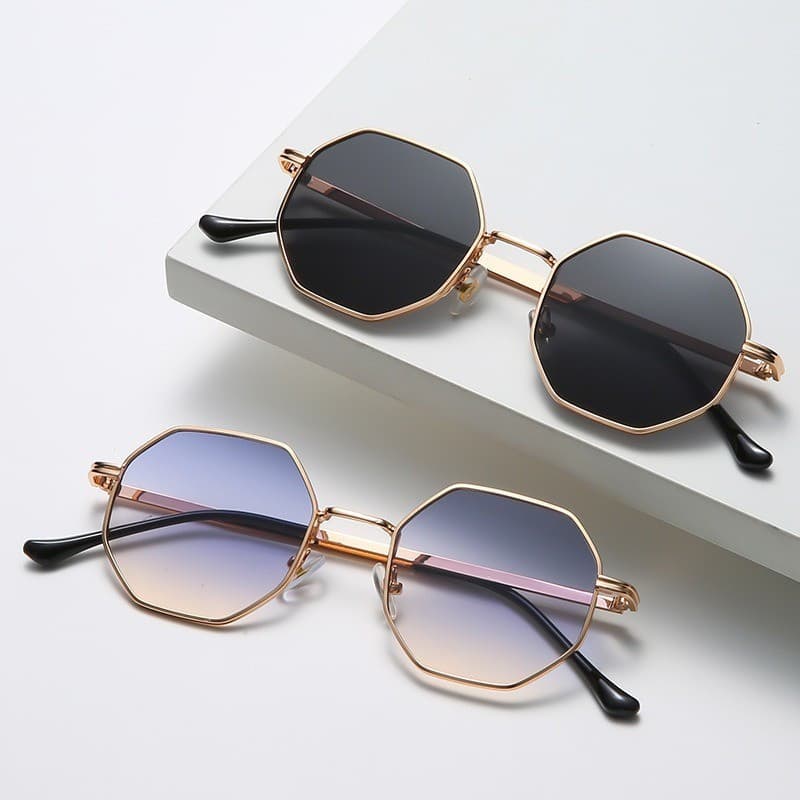 Óculos De Sol Hexagonais Com Armação De Metal Retrô Rosa Ouro Espelho Tons UV400