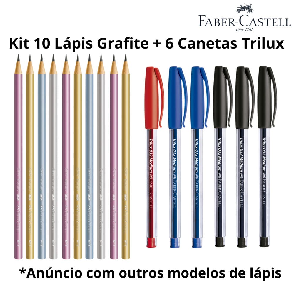 Kit 10 Lápis Grafite + 6 Canetas Esferográficas Trilux Faber Castell