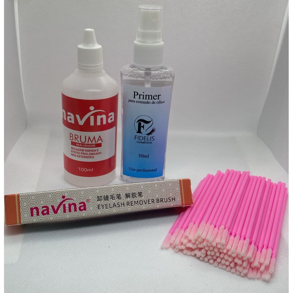 Kit Primer Fidelis + Bruma Navina Para Extensão De Cílios +  Caneta Gel Removedor Navina Para Cílios + 100 Microbrush