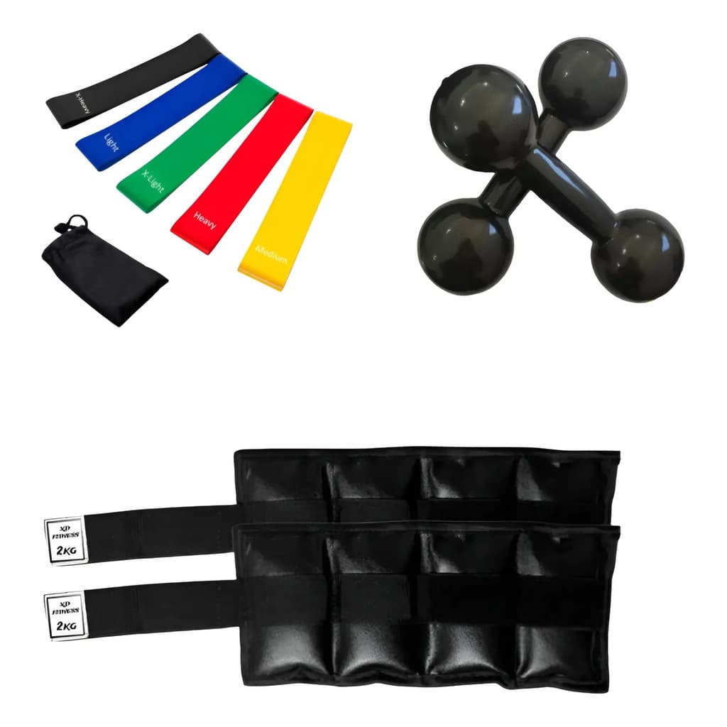 Kit Funcional Halter 2kg Emborrachado + Caneleira 2kg + Kit Mini Band