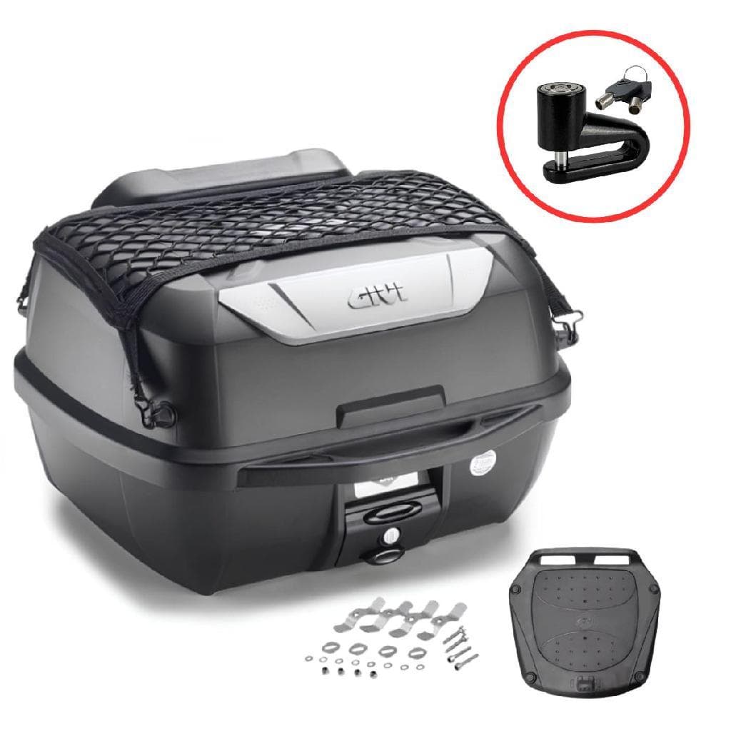 Baú para Moto Givi Monolock Adventure E43NBR 43L Traseiro com Base e Rede + Brinde Trava Cadeado de Disco 5,5mm Spec