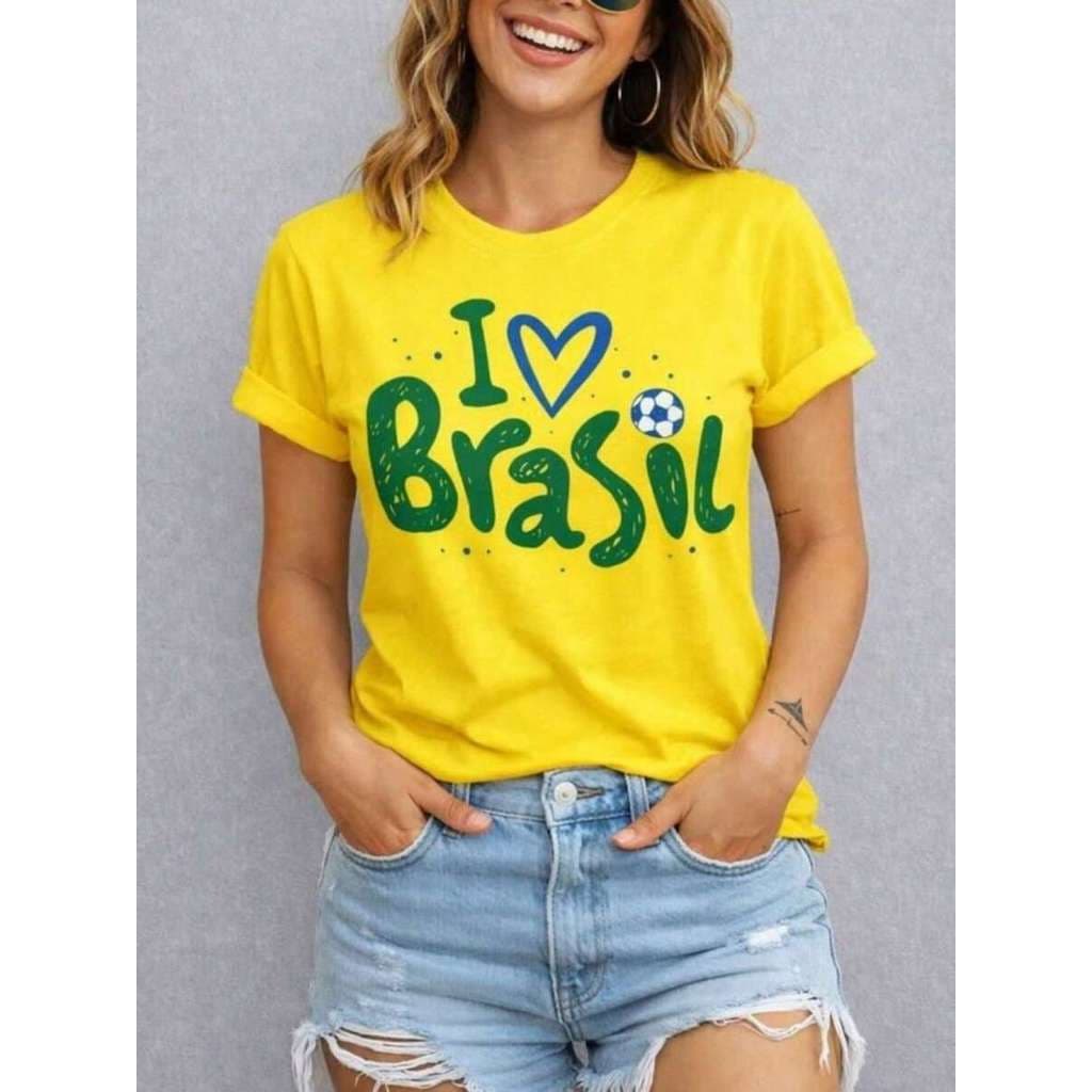 Camisa feminina brasil estampada 100% algodão tecido confortavel ideal para jogo copa do mundo