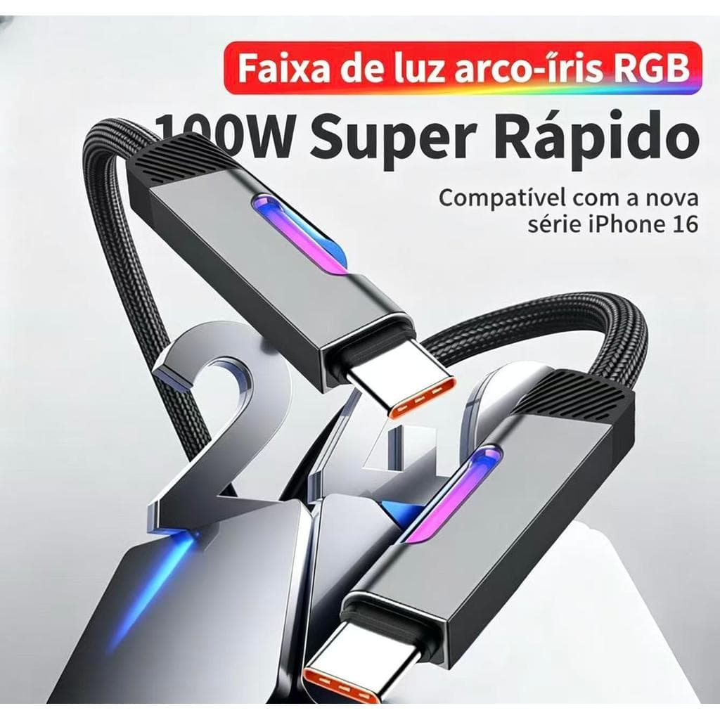 Cabo com Luzes RGB e Carregamento PD 100W, Super Rápido para Samsung, Motorola,  iPhone – Efeito Aurora