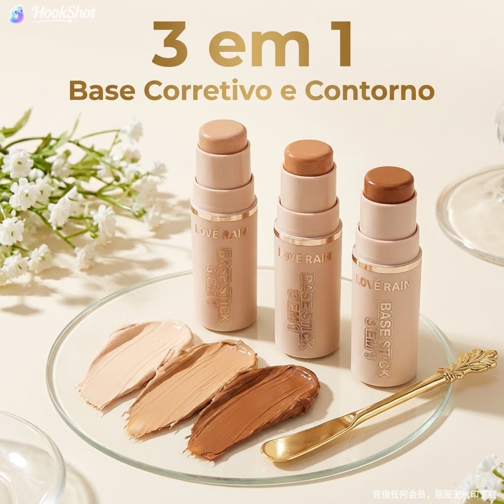 Base Stick 3 em 1 Lové Rain - Base, Corretivo e Contorno - Alta Cobertura - Prático