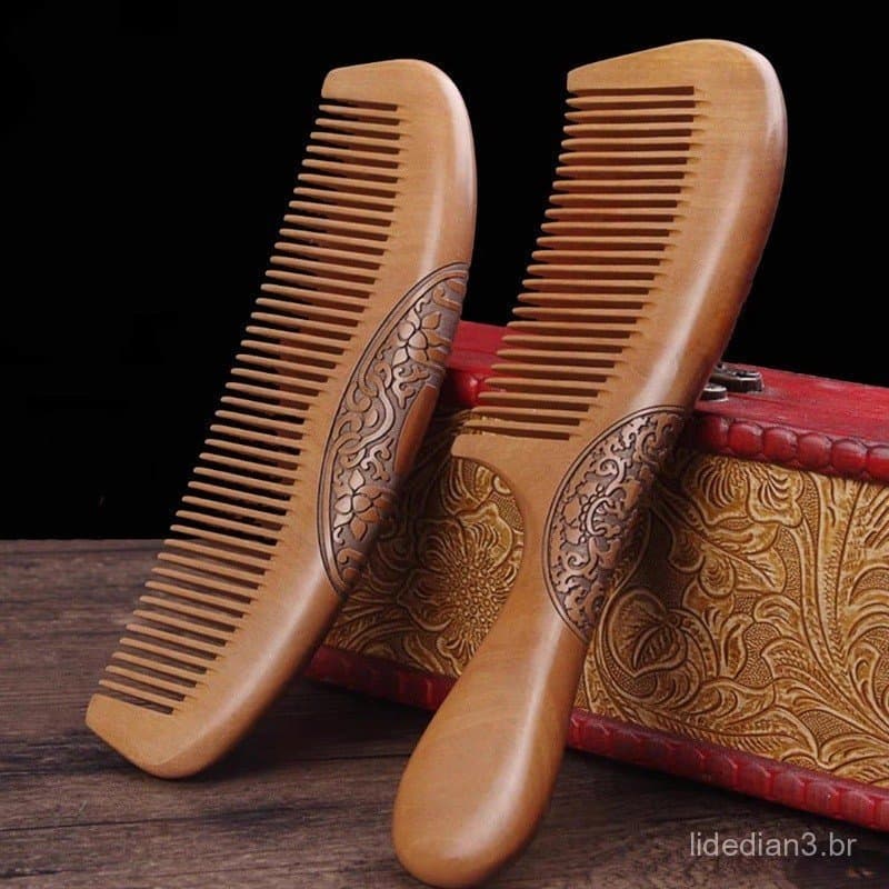 Pente De Madeira De Pêssego Com Design Esculpido , Desembaraçador Antiestático De Dente Fino , Cabelo Natural Para Cabel