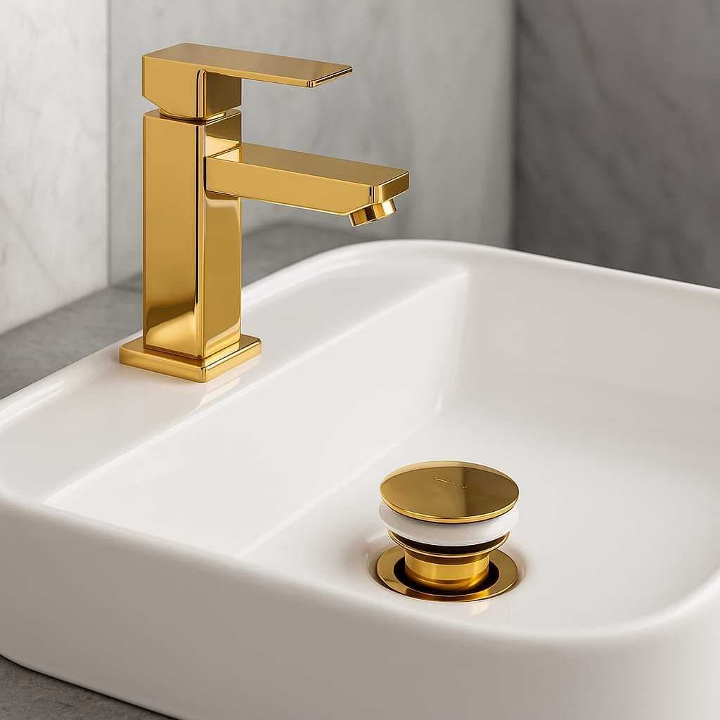 Kit Torneira Dourada + Válvula Click Ideal Para Sua CUBA Banheiro Lavabo Em Metal