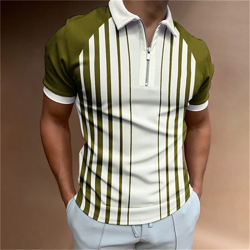 Camisa POLO masculina de manga curta listrada com zíper Camisa masculina Casual esportiva com lapela