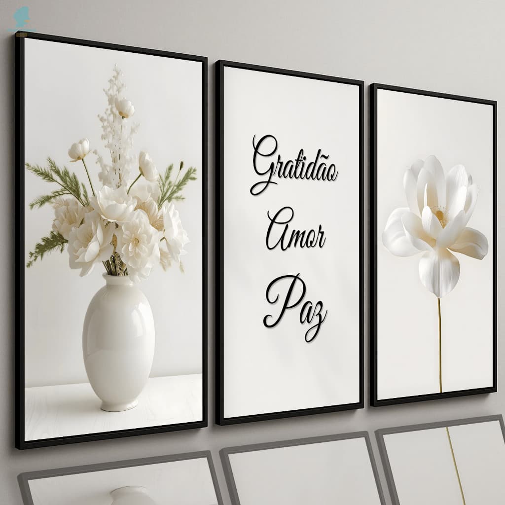 Quadros Decorativos Trio Flores Brancas 3D Gratidão Amor Paz Moderno Sala Quarto