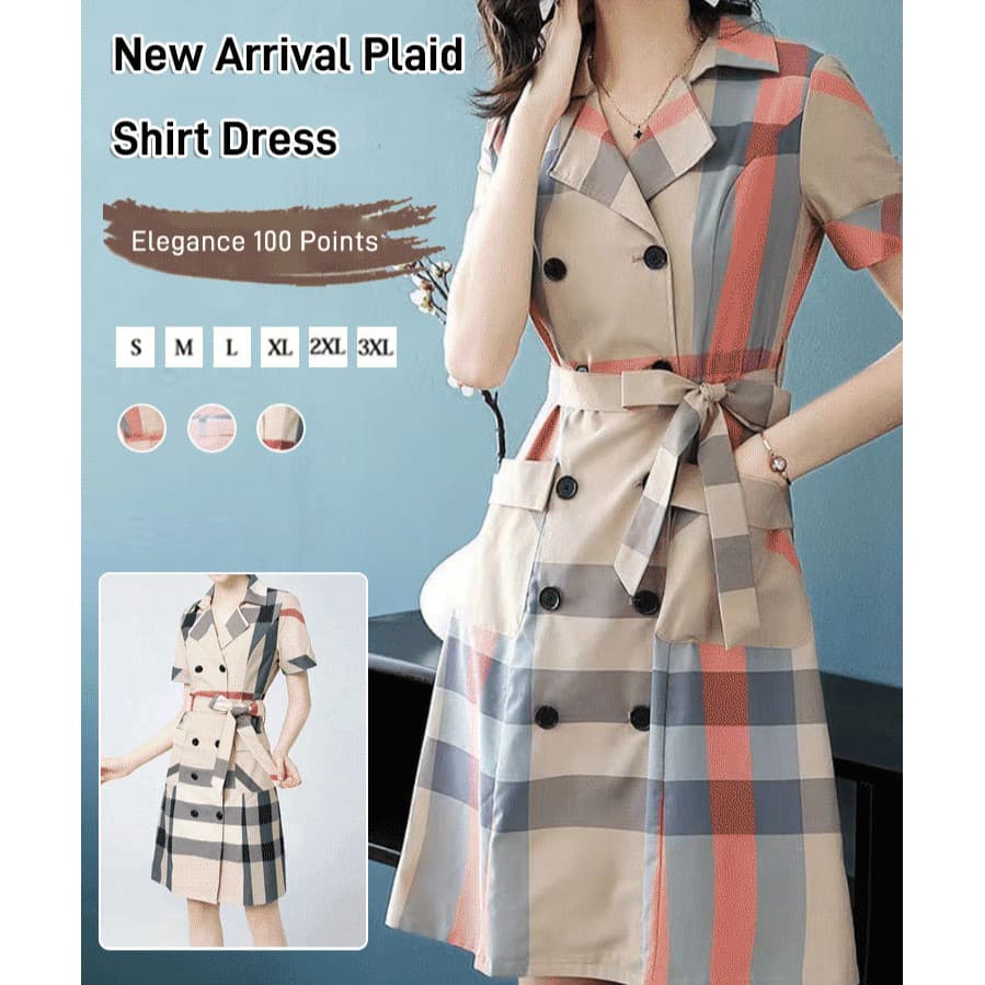 Vestido camisa xadrez chique com modelagem solta e mangas compridas, perfeito para o ambiente de trabalho feminino.