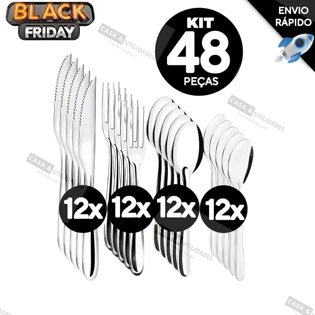 Jogo de Talheres 48 Peças Aço Inox – 12 Facas, 12 Garfos, 12 Colheres de Mesa e Sobremesa para Casa e Restaurante