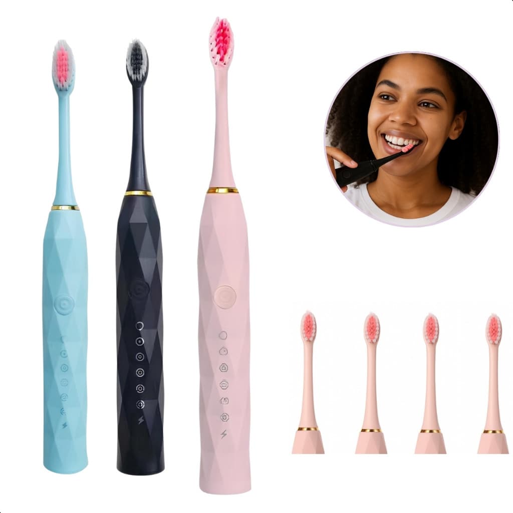 Escova Dental Elétrica Sônica USB Recarregável 4 Cabeças 5 Modos à Prova D’Água
