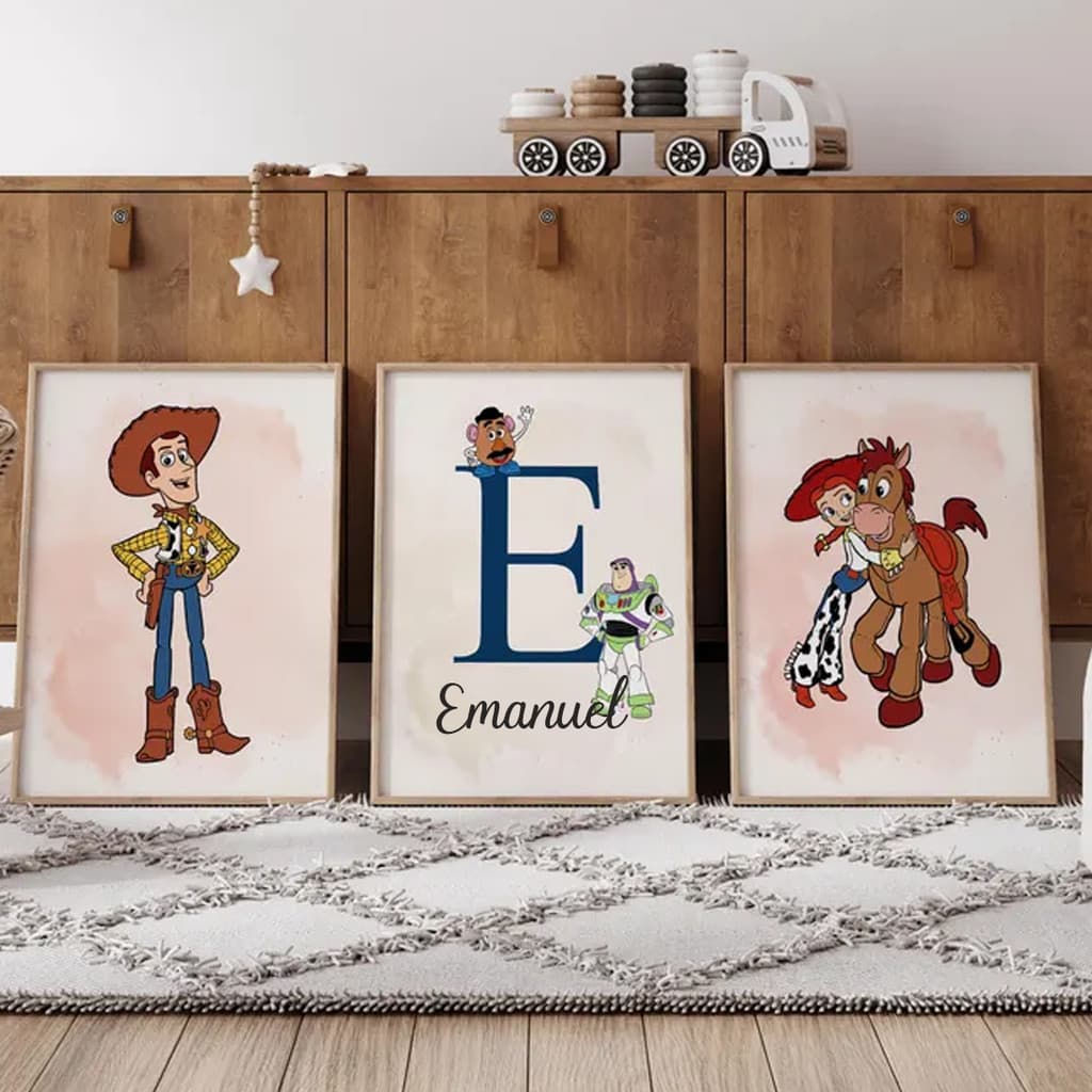 Quadro Decorativo Toy Story Woody Buzz Jessie Infantil Criança Com Nome Personalizado
