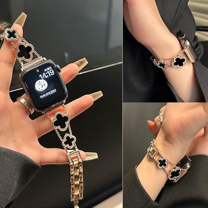 Pulseira Para Apple Watch 38/40/41mm e 4244/45/49mm De Metal Feminina Trevo da sorte Clover Flower