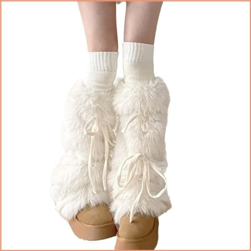 Yao Feminino Gótico Punk Peludo Polainas Inverno Quente Bonito Bowknot Fuzzy Botas Pelúcia Punhos Perna