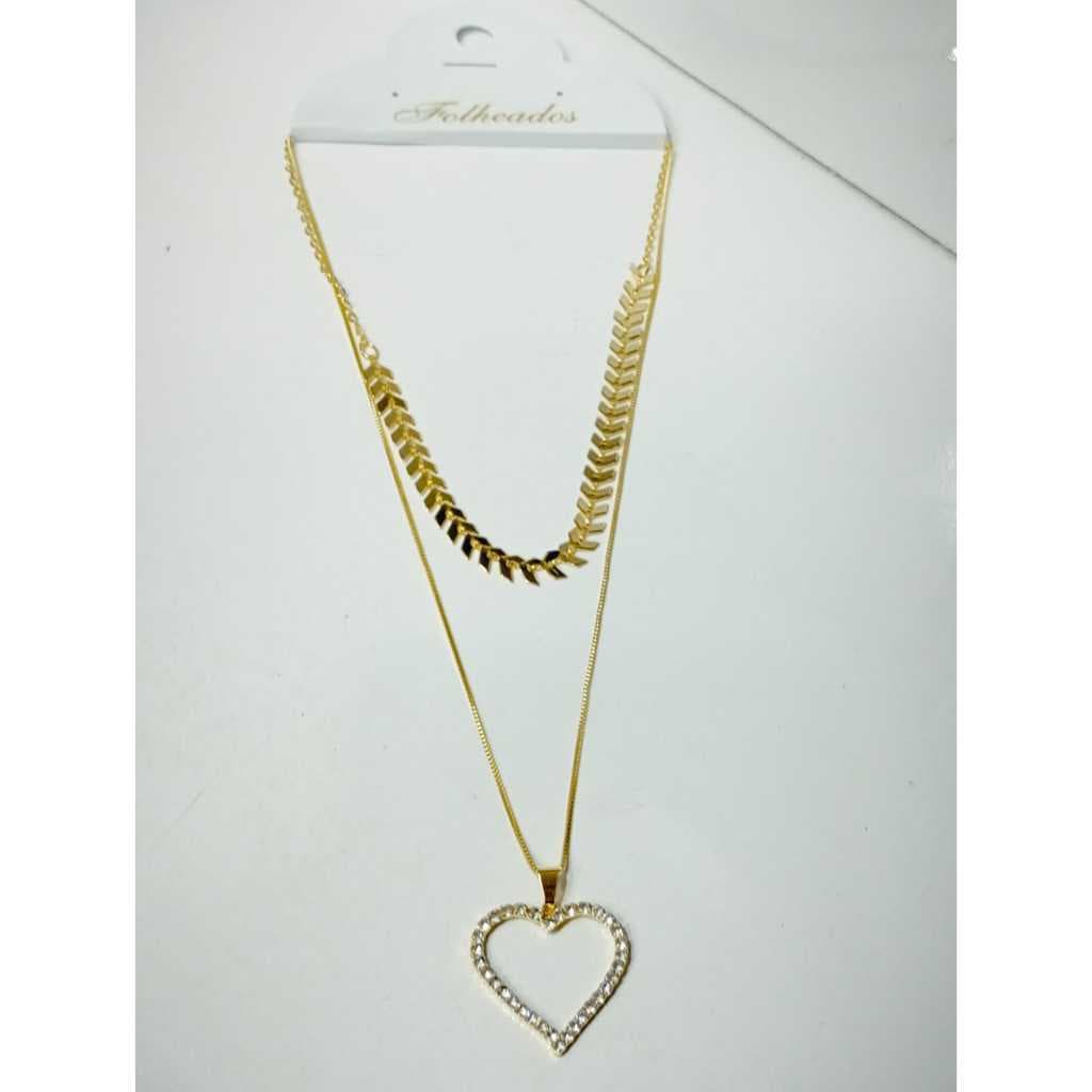 colar duplo choker escama de peixe+colar de coração brilhantes-711