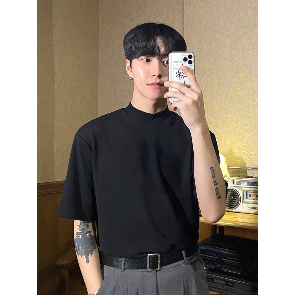 Japonês cityboy meados de pescoço camiseta masculina francês high-End solto de manga curta luz estilo maduro pequeno rou