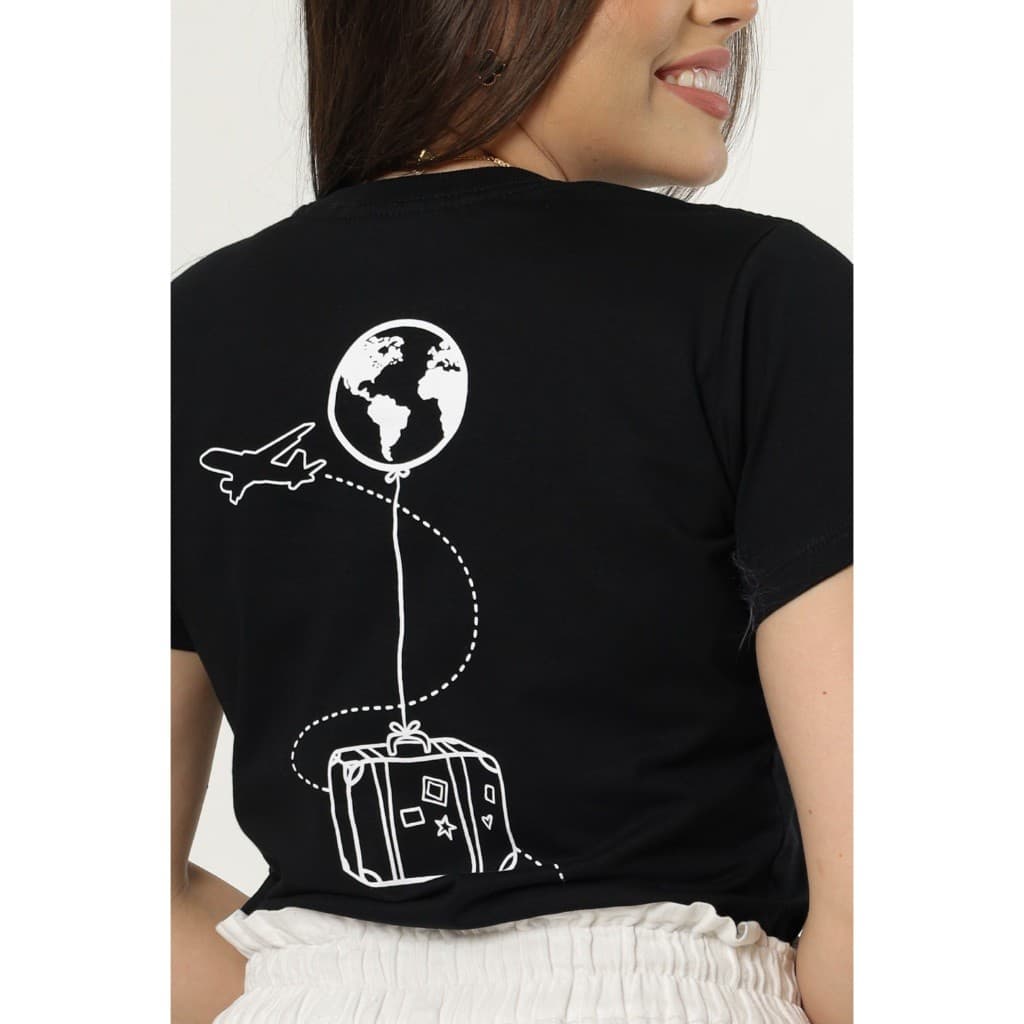 BLUSA FEMININA  DONA DO MEU PROPRIO DESTINO COM ESTAMPA COSTAS VIAGEM 100% ALGODAO