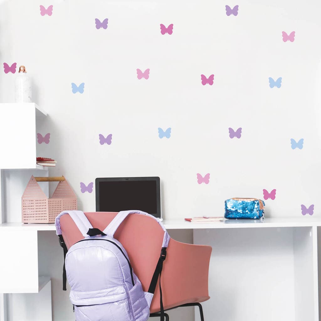 Adesivo de Parede Infantil Borboletas Tons de Rosa e Azul - 28 adesivos
