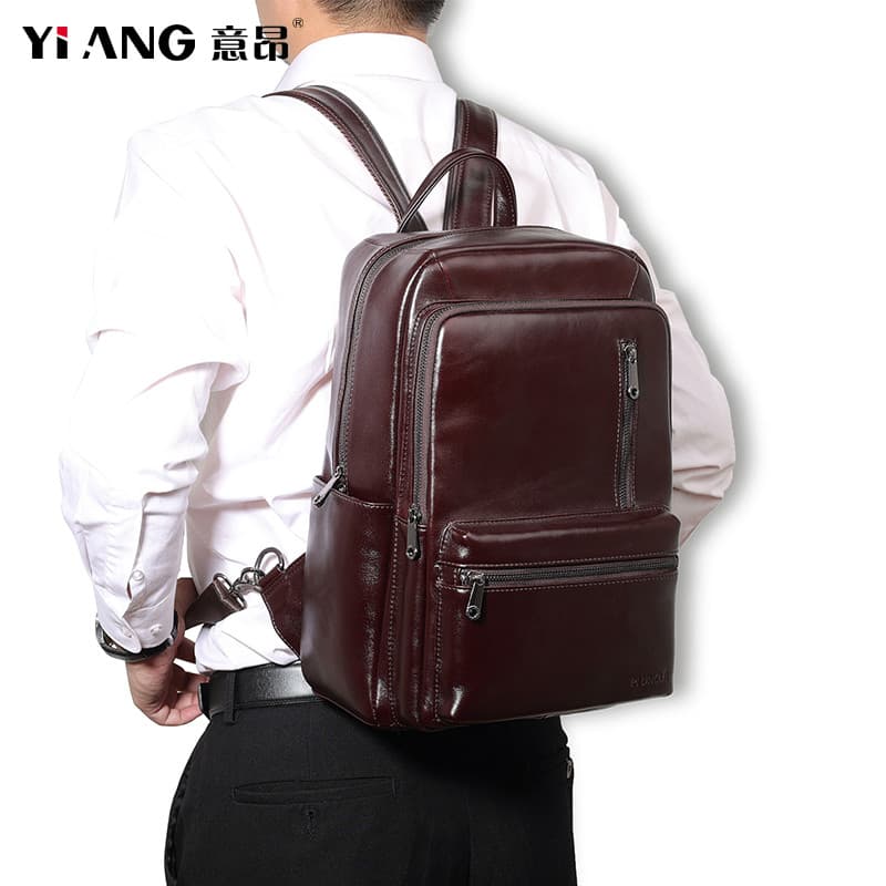 Mochila masculina de couro genuíno, mochila de dupla utilização, primeira camada de couro, bolsa transversal, resistente