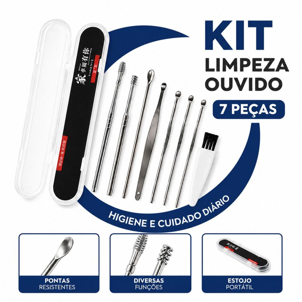 Kit Limpeza de Ouvido 7 Peças Em Aço Inoxidável Estojo Organizador Removedor Cera De Ouvido