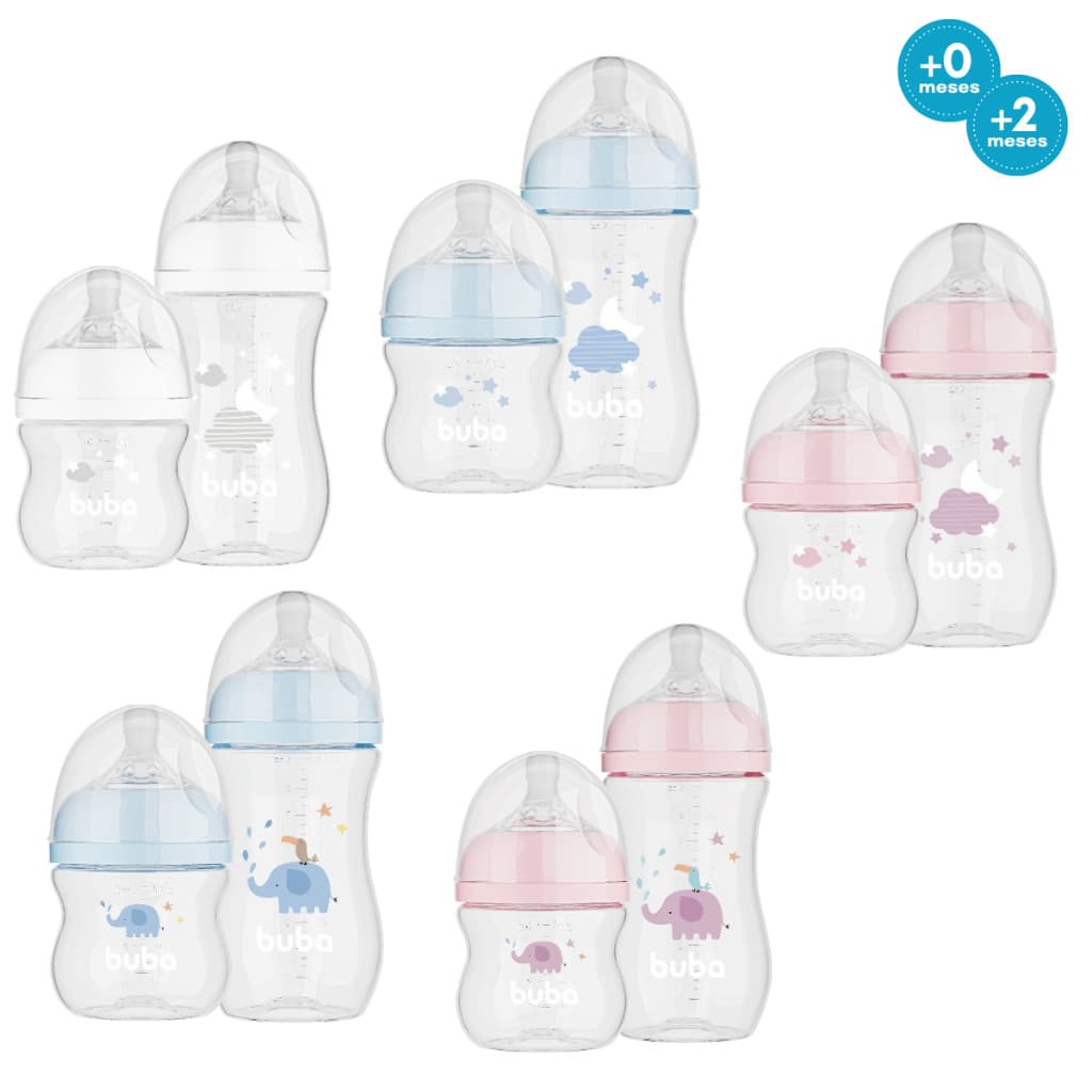 Kit 2 Mamadeiras Buba Anticólica Easy Flow 120ml e 270ml Bico Pétala Silicone Macio