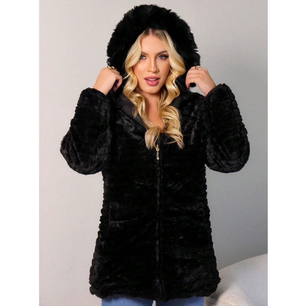 Jaqueta Feminina Boboja Dupla Face Pelúciado Sensual Elegante    Casual    Bolso  Zíper    Jaquetas Femininas