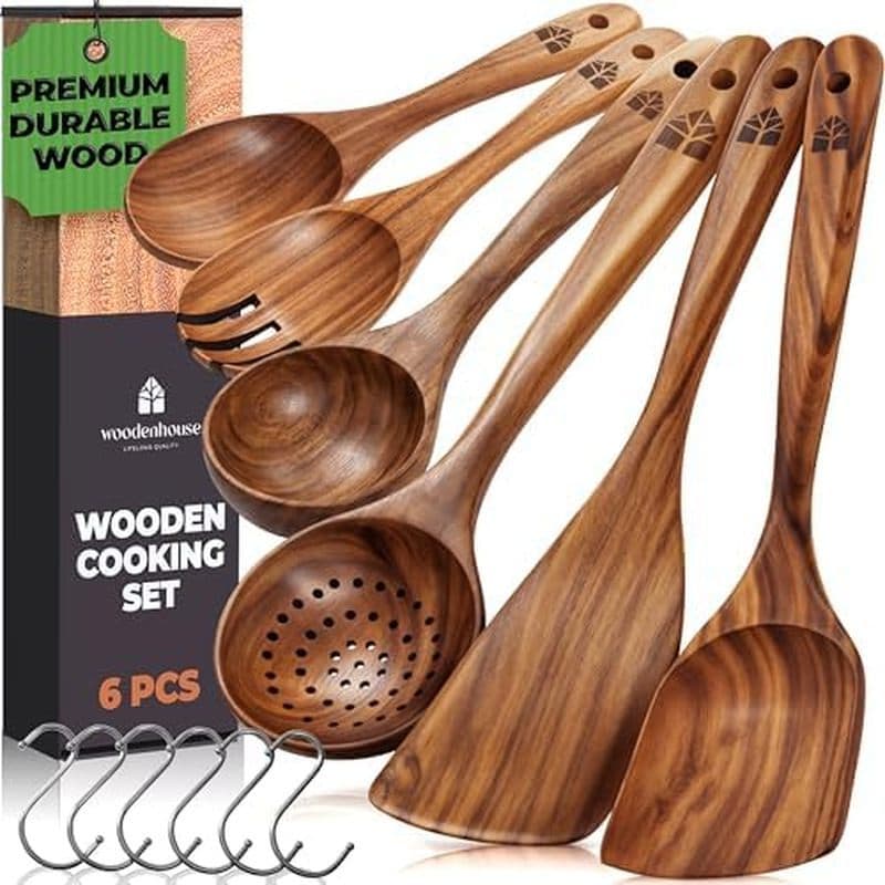 & amp ; Utensílio De Madeira De Teca S Turner , Espátula De Colheres , Peças Naturais Para 8 Cozinha Fácil Com Cozinhar-