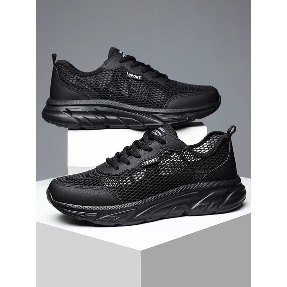 Tênis de corrida masculino verão respirável malha oca desodorante corrida tênis Ultra-leve absorção de choque preto Me