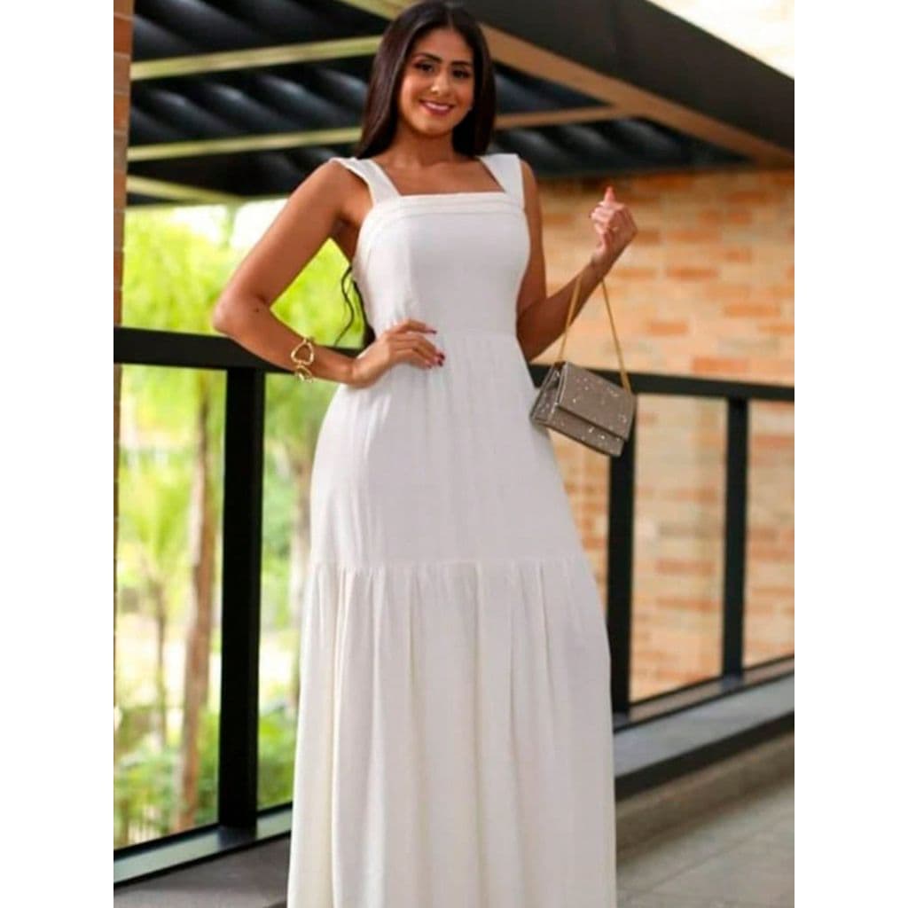 Vestido Longo Feminino Alcinha Viscolinho Com Forro e Lastex Premium M G GG (Promoção)