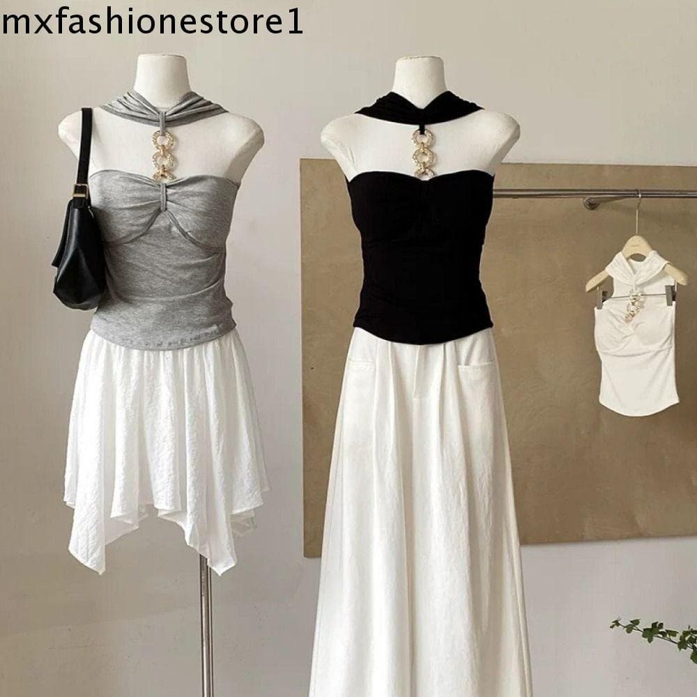 MXFASHIONE Top Feminino Frente Única , Curto Com Fivela De Metal , Camisola Fina Sem Mangas Y2K