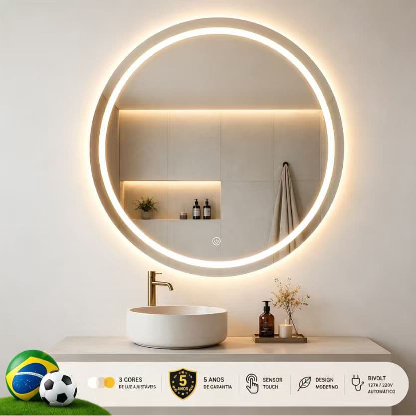 Espelho Redondo LED Tricolor | Toque Ajustável Espelho De Banheiro | Banheiro e Maquiagem Profissional