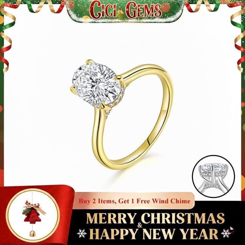 Anel Halo CICI GEMS com Moissanite de Corte Oval de 2CT para Mulheres D VVS1 Empilhável Banhado a Ouro 18K Criado em Lab